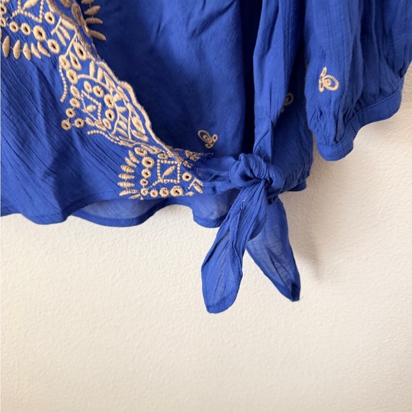 Fig & Flower Blue/Brown Embroidery 3/4 Sleeve Blouse Tunic Top Boho Sz Small - Picture 5 of 10